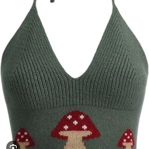 Green Knit Crop Top with Mushroom Design